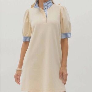 Entro Ruffle Collared Mini Dress Cream and Blue Striped